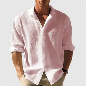 Close-up of men's pink waffle knit casual shirt showing fabric texture and fit