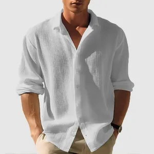 Men's white long-sleeved waffle texture shirt featuring a stylish button-down casual look.