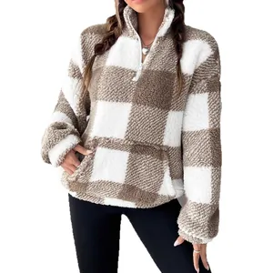 Trendiges Damen Fleece-Sweatshirt mit Karomuster und praktischem halbem Reißverschluss