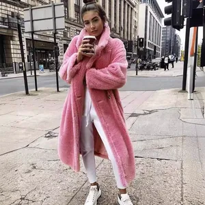 Modischer langer zweireihiger Teddy-Fleece-Mantel in Pink für Damen im Streetstyle