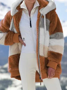 Loose oversized multicolor patchwork faux fur hooded jacket for women in winter outdoor