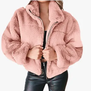 Cozy pink faux fur zip-up jacket for women with high neck and soft plush texture