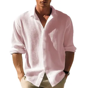 Men's long-sleeve waffle knit shirt in light pink with single-breasted casual style.
