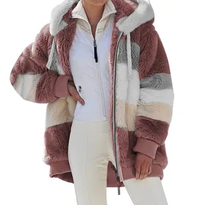 Detail view of women's oversized plush hooded jacket with multi-color striped design