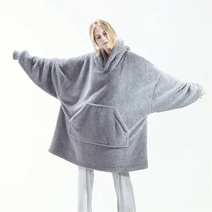 Front view of grey oversized sherpa fleece wearable blanket hoodie with large pocket