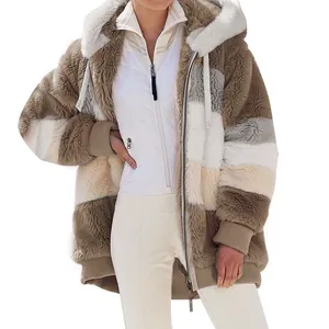 Detailed view of women's multicolored oversized fuzzy hooded fleece jacket for winter