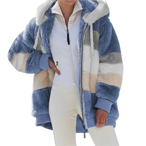 Women's oversized colorblock teddy fleece hooded jacket featuring warm plush texture