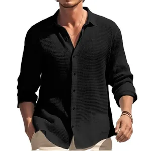 Premium men's black waffle knit long sleeve casual button-down shirt for autumn