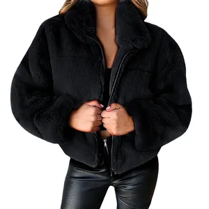 Chic black faux fur jacket with zipper closure and plush warm texture for women