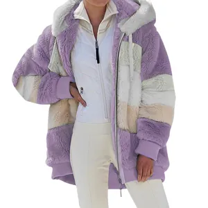 Stylish lavender and white color-block oversized fleece hooded jacket for women, winter wear