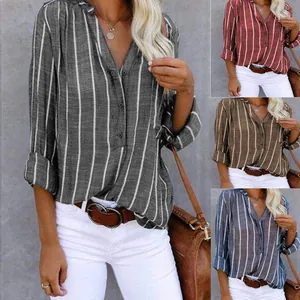 Blouse rayée décontractée à col en V pour femme en gris, rouge et bleu tendance
