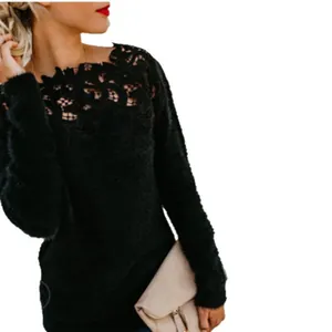 Women's Elegant Acrylic Blend Long Sleeve Sweater Crew Neck Solid Color Lace Patchwork Stitching Plush Knit Pullover Top