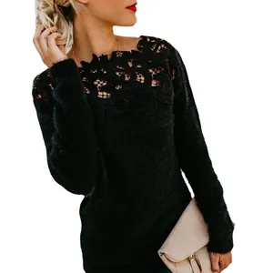 Black long sleeve plush sweater for women with floral lace patchwork neckline