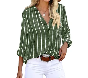 Detailed view of women's olive green and white vertical striped long sleeve shirt