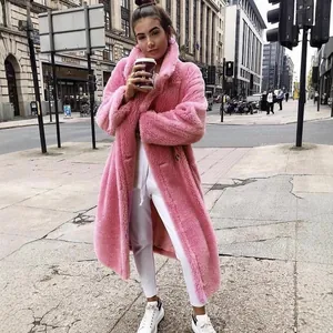 Modischer pinkfarbener Oversized Teddy Fleece Mantel für Damen mit Revers