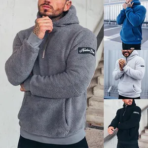 Unisex plush half-zip hooded sweatshirt set in grey, blue, white, and black colors