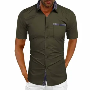 Olive green slim fit short sleeve shirt with stylish plaid collar and pocket trim