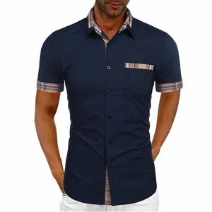Close-up of navy blue short sleeve shirt with stylish plaid collar and pocket