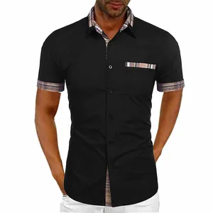 Detail of men's casual black short-sleeve button-down shirt with stylish plaid trim.