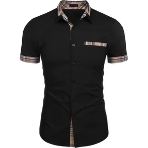 Detail of men's black short-sleeved casual shirt with elegant plaid trim on collar and cuffs