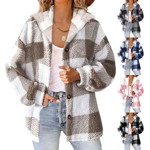 Giacca da Donna in Peluche a Quadri con Cappuccio e Bottoni Cappotto in Pile Sherpa Caldo Autunno Inverno