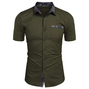 Close-up of olive green men's short-sleeved shirt with plaid collar and pocket trim.
