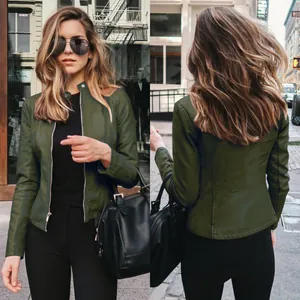 Vista detallada frontal y posterior de una elegante chaqueta de cuero PU verde oscuro mujer
