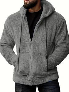 Detailed texture of men's grey plush fleece zip-up hoodie with hood and drawstring