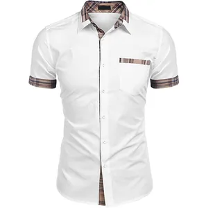 Men's casual white short sleeve shirt with brown plaid collar and pocket details