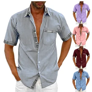 Men's casual short-sleeve urban shirt with stylish plaid trim details, multi-color