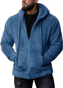 Men's cozy blue fuzzy fleece hoodie with zipper closure and adjustable drawstrings.