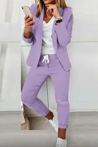 Casual purple two-piece women's suit set featuring a stylish blazer and drawstring pants