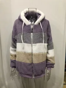 Women's plush hooded jacket with colorful horizontal stripes in purple and beige