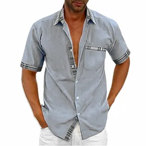 Men's Casual Short Sleeve Shirt Fashion Urban Lapel Non-Iron Plaid Patchwork Pocket Top For Men Summer Daily Leisure Shirt