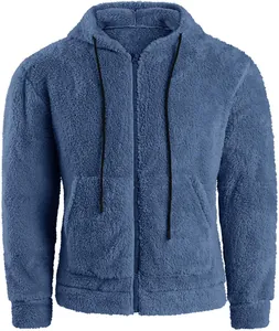 Detail showing the plush texture and zipper of the blue mens fleece hooded jacket