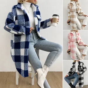 Women's Long Plush Plaid Shacket Autumn Winter Lapel Button Down Loose Wool Blend Coat Commuter Warm Outerwear
