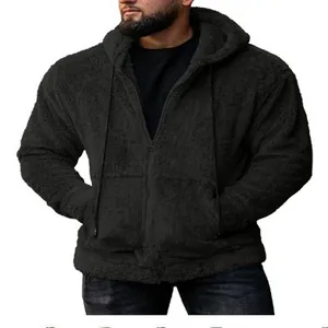 Detailed view of men's black plush hooded cardigan jacket featuring soft fleece texture