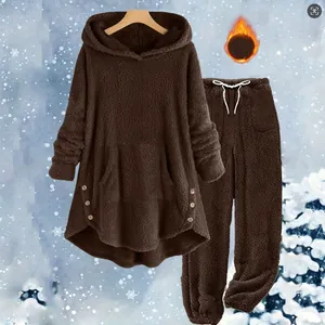 Cozy brown fleece hooded loungewear set for women in a winter theme.