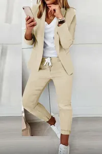 Casual women's two-piece blazer suit in beige with matching drawstring pants