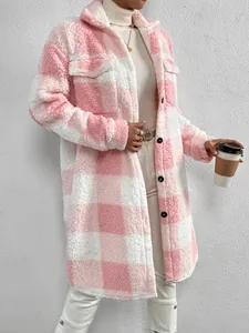 Cozy pink and white checkered teddy fleece long coat with button-down front and collar.