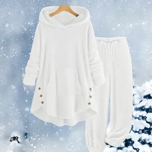 Two-piece white plush hooded loungewear set featuring soft fleece fabric and side buttons
