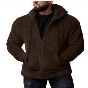 Detailed view of a men's plush hooded zip-up jacket in a deep brown fleece texture