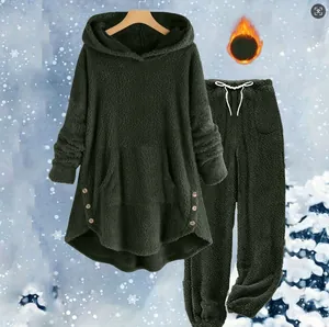 Warm olive green fleece loungewear set with hoodie and pants for winter comfort.