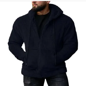 Men's fuzzy plush hooded cardigan jacket in navy blue with zip closure