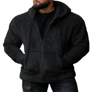 Detailed view of men's black fuzzy fleece hooded zip-up jacket for autumn winter