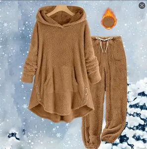 Soft fuzzy fleece hoodie and pants lounge set for women in warm winter brown finish