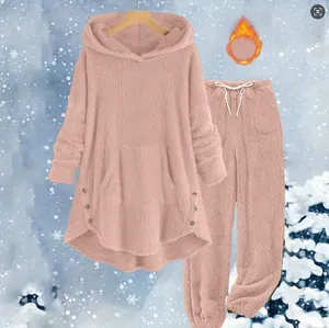 Detailed view of pink fuzzy fleece hoodie and pants loungewear set for winter