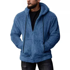 Men Fall Winter Alpaca Blend Acrylic Plush Hooded Cardigan Jacket Minimalist Thickened Loose Zipper Sweater Jacket With Pockets Casual Top