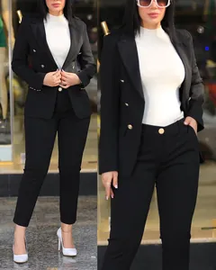 Vista detallada de un traje de chaqueta negro para mujer con elegantes botones dorados para oficina.