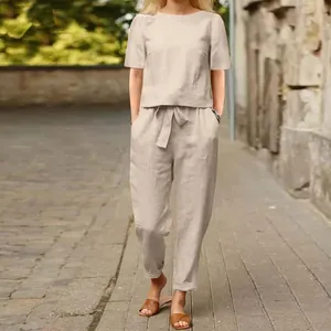 Completo a Due Pezzi Vintage in Poliestere da Donna Casual Tinta Unita Girocollo Manica Corta Top E Pantaloni a Gamba Larga